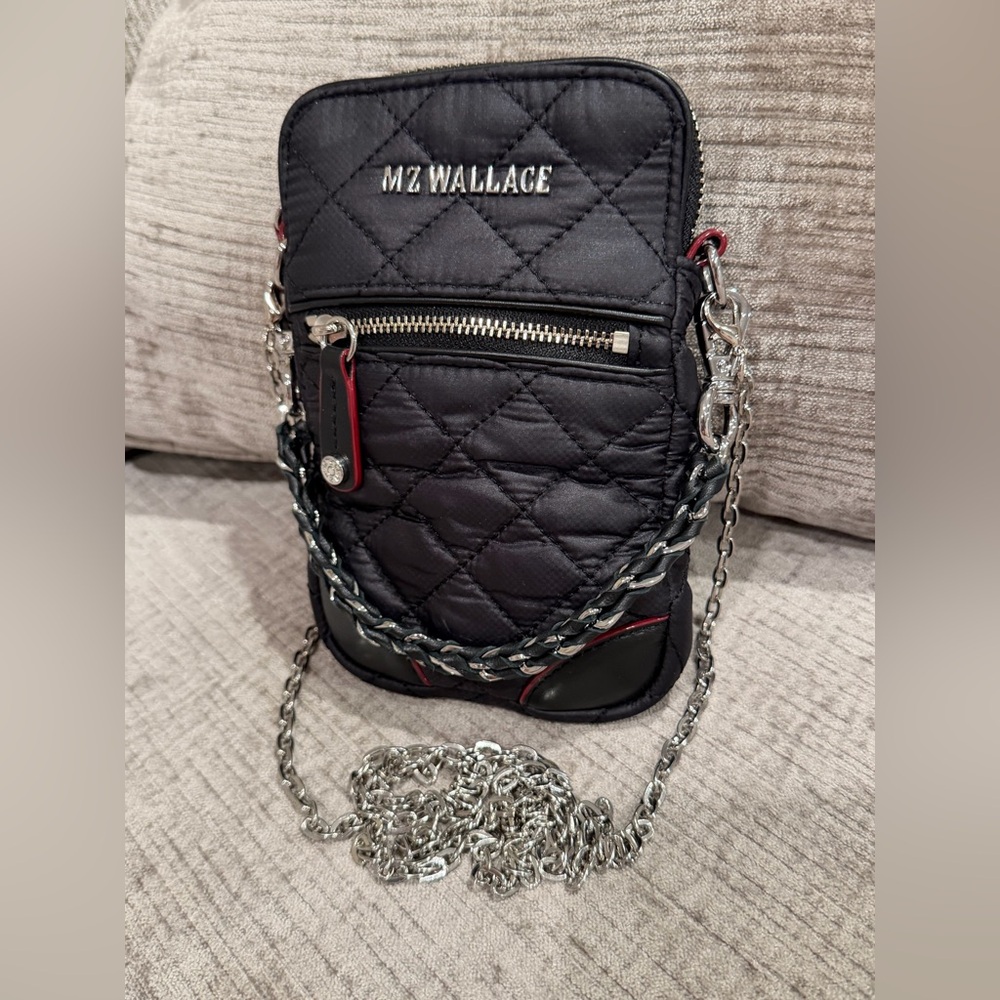 MZ WALLACE Black, Quilted Micro Crosby Crossbody Phone Bag with Silver Chain - Picture 10 of 16